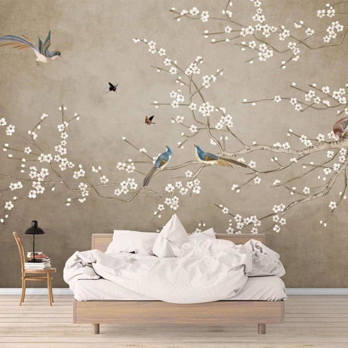 Papier Peint Panoramique Oiseaux Et Fleurs D'Époque 3D Poster Mural ...