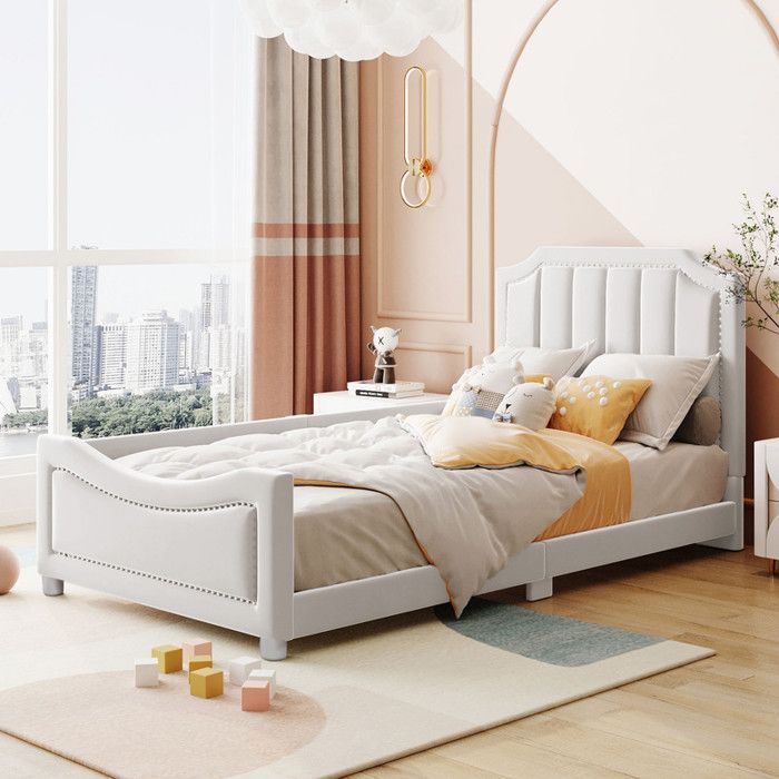 Lit Enfant 90x200cm Lit Simple Multifonctionnel avec Dossier et Accoudoir Lit Adolescent Cadre de Lit en Flanelle Beige