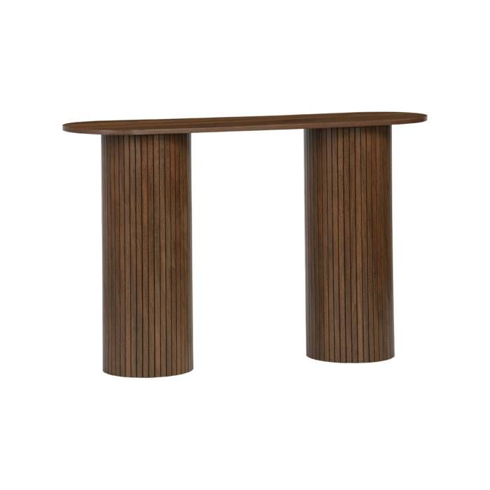 Console ovale scandinave décor bois rainuré. pieds ronds. couleur noyer. L 120 x P 35 x H 75cm Console ovale scandinave décor bois rainuré. pieds ronds. couleur noyer. L 120 x P 35 x H 75cm