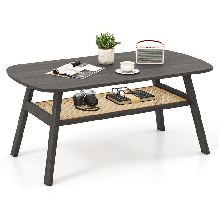 Table Basse Salon à 2 Niveaux COSTWAY Étagère de Rangement en Rotin Pieds en Bois de Caoutchouc Table Rectangulaire pour Bureau