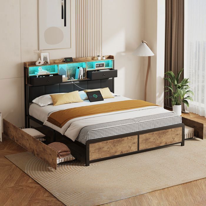Lit 140x200 cm double noir avec LED RGB rangement et sommier inclus - cadre PU/bois/métal