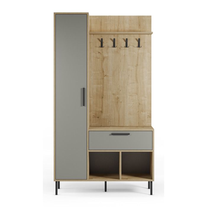 Meuble dentrée avec porte-manteau aspect bois coloris vert et chêne pieds en métal noir