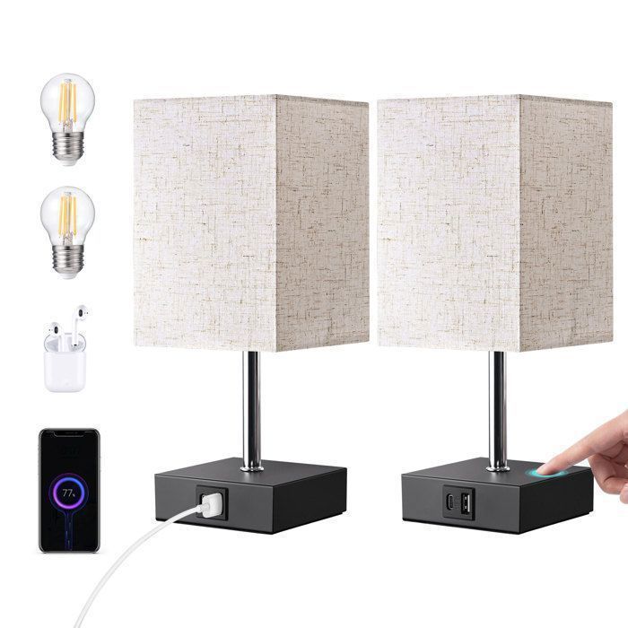 EDISHINE Lampe à poser Tactile Lot de 2 Ports USB-A & USB-C E27 Ampoule LED Incluse Abat-jour de Lin