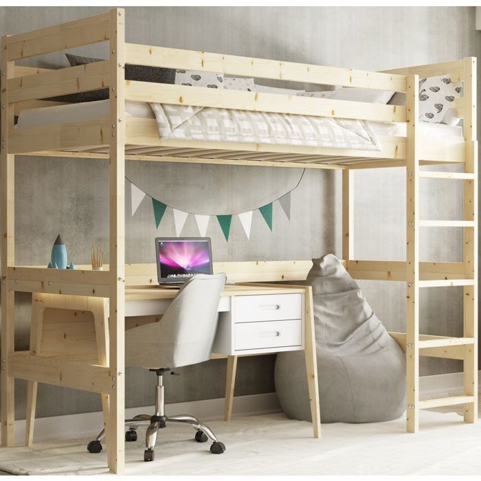 Lit Mezzanine Enfant 90x200 cm avec Échelle Réversible – Bois Massif Pin Naturel Barrière Sécurité & Sommier Inclus (Sans Matelas)