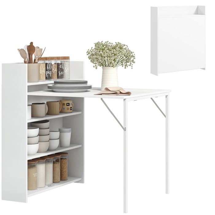 Table à manger pliante - HOMCOM - pour 3 personnes - plateau à abattant et 4 étagères - MDF - 78 5x91x93cm - blanc Table à manger pliante - HOMCOM - pour 3 personnes - plateau à abattant et 4 étagères - MDF - 78 5x91x93cm - blanc