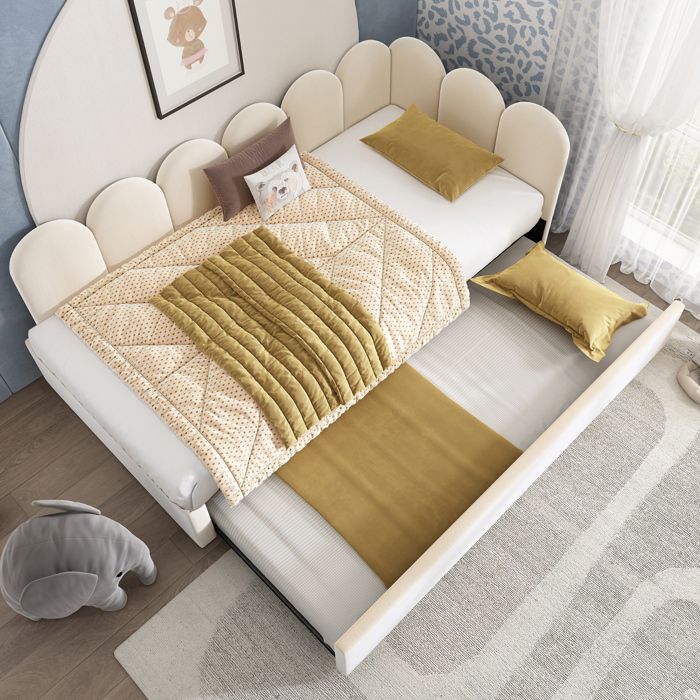 Lit Rembourré 90x200cm Canapé-Lit avec Lit Gigogne Lit de Rangement en Daybett Lit de Jour avec Sommier à Lattes Velours Beige