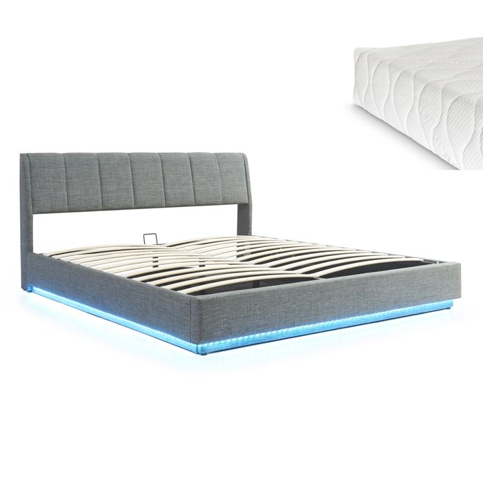 Lit double capitonné Tröstiar avec éclairage LED et matelas 180 x 200 cm anthracite Lit double capitonné Tröstiar avec éclairage LED et matelas 180 x 200 cm anthracite