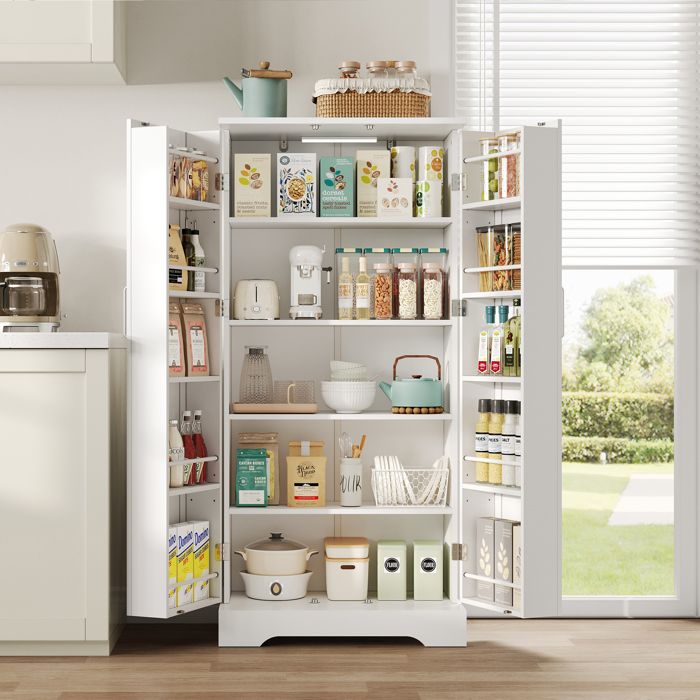 Buffet de cuisine - MODERNLUXE - 60x35x128 cm - Éclairage LED à capteur - 2 portes - 5 étagères réglables - Blanc Buffet de cuisine - MODERNLUXE - 60x35x128 cm - Éclairage LED à capteur - 2 portes - 5 étagères réglables - Blanc