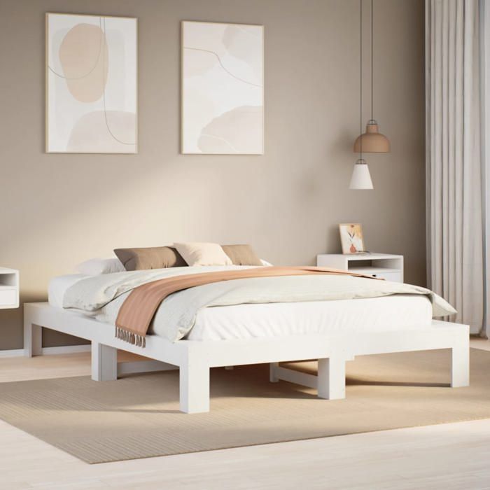 Structure de lit en bois de pin - UU - 140x190 cm - Blanc - Bois de pin massif - Sommier à lattes - 2115x1615x315 cm