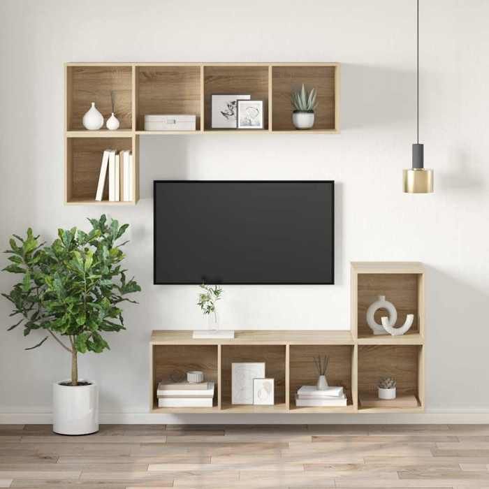 Meuble TV mural - WIENS - Chêne sonoma - 37x37x107 cm - Bois dingénierie - Capacité 50 kg - À poser au sol