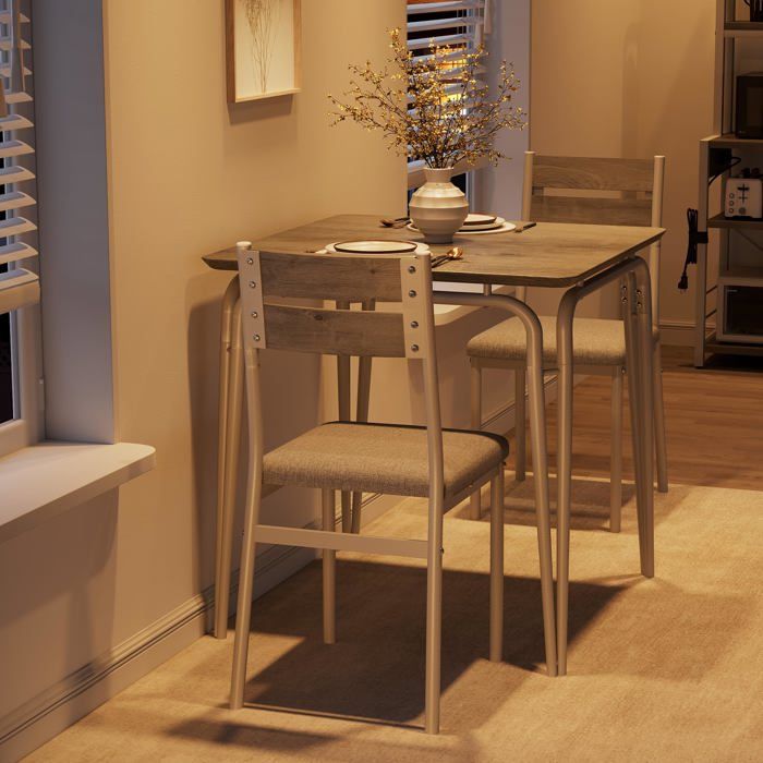 Table à manger 2 personnes carrée Ensemble table et chaises de cuisine compacte en bois avec 2 chaises gris et blanc