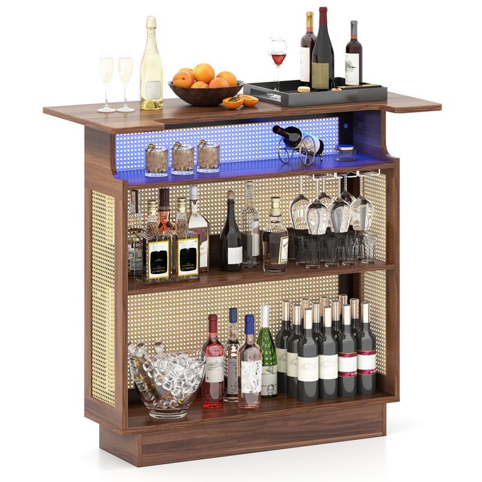 COSTWAY Table de Bar en Rotin PE Cannage 120 x 55 x 110 cm - Éclairage LED RGB - 3 Supports pour Verres à Pied et 3 Étagères
