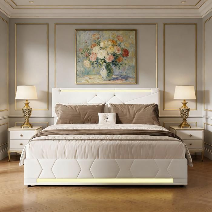 Lit coffre 140x200 cm - KILISKY - Éclairage LED RGB - Tête de lit avec USB - Style minimaliste - Beige