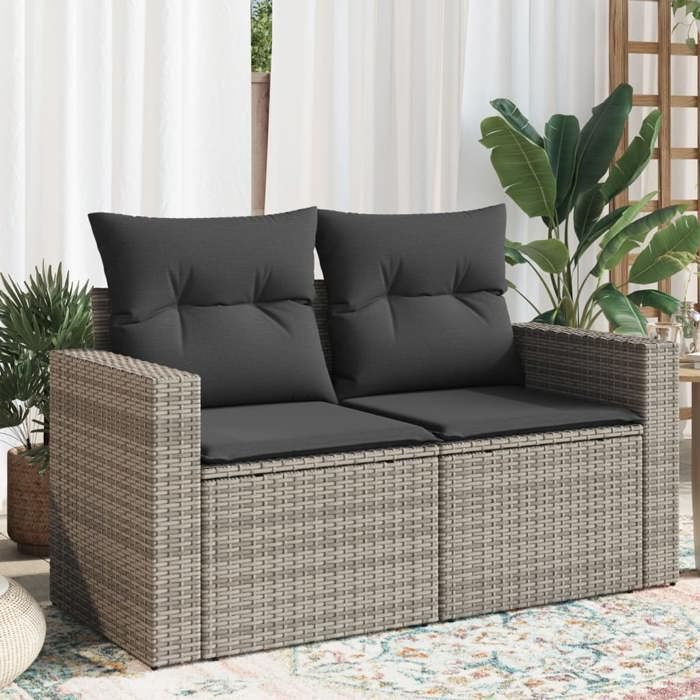SALE 2026 Canapé de jardin Gris - Canapé de jardin 2 places avec coussins gris résine tressée PRO619303288