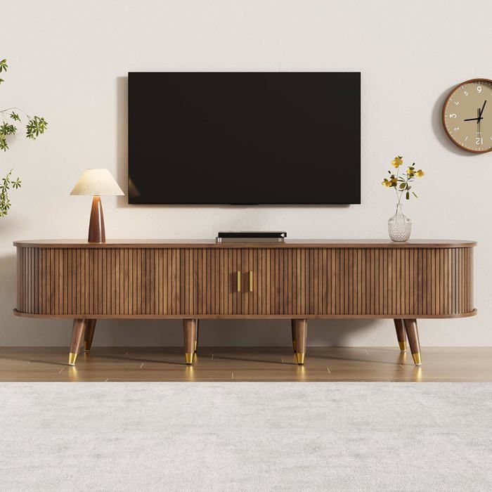 Meuble TV bas avec portes coulissantes - meuble de télévision - espace de rangement meuble TV bas avec étagères ouvertes pour salon