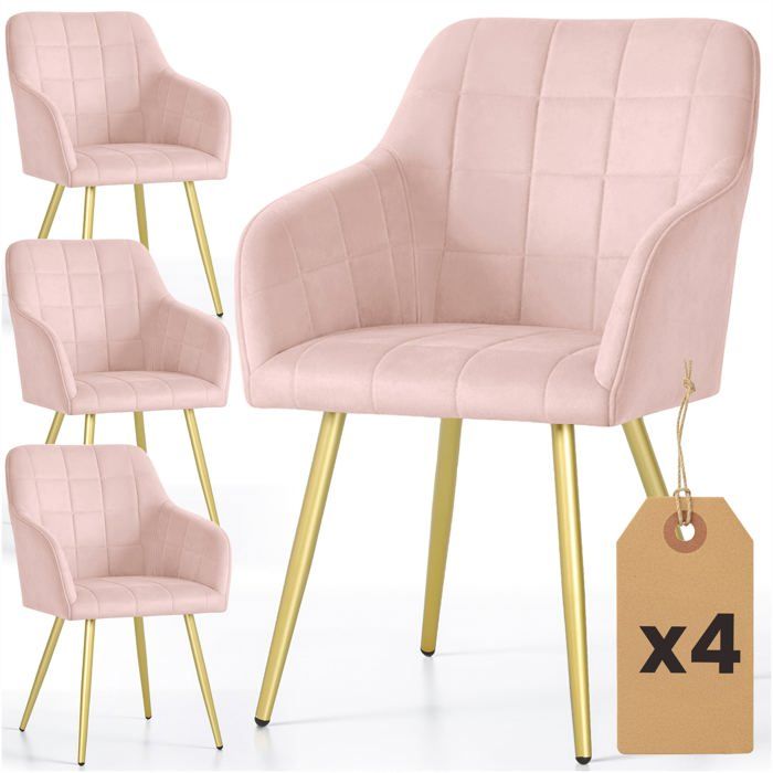 Lot de 4 Chaises rembourrées à surpiqûres carrées LUXANO Rose Poudré pieds dorés