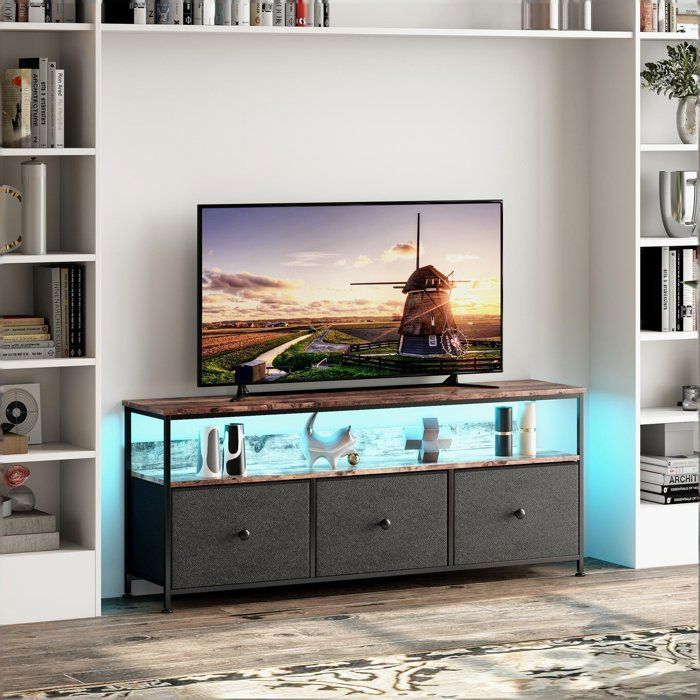 Meuble TV Meuble TV LED Meuble TV haut 3 Tiroirs de rangement pratique avec LED 137×30×57 cm panneau de particules et acier Noir