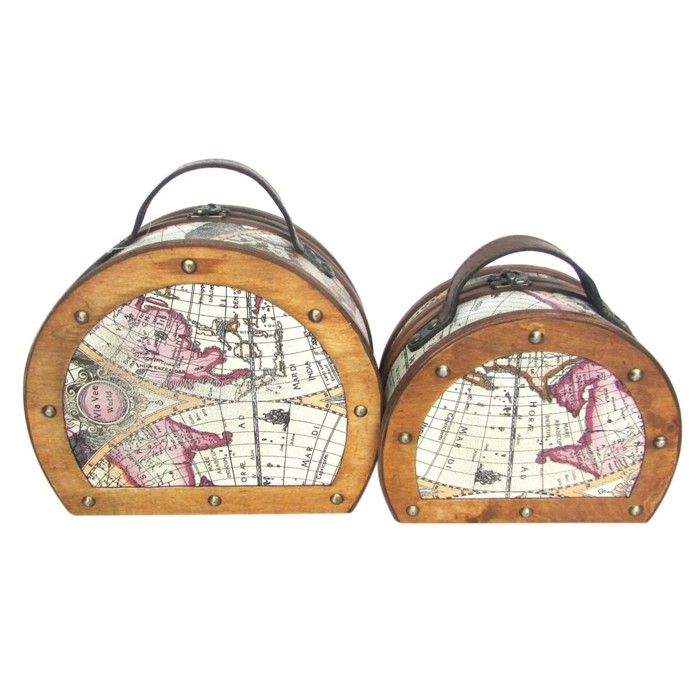 Coffres Boîtes de Rangement Design Valises Vintage Arrondies Rétro Bois Décoration Carte du Monde 23cm et 19cm Set de 2