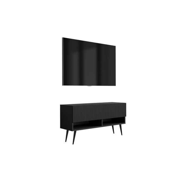 Meuble TV - Façade rainurée 100×32×52 - Noir mat - Pieds inclinés noirs - Étagère et placard
