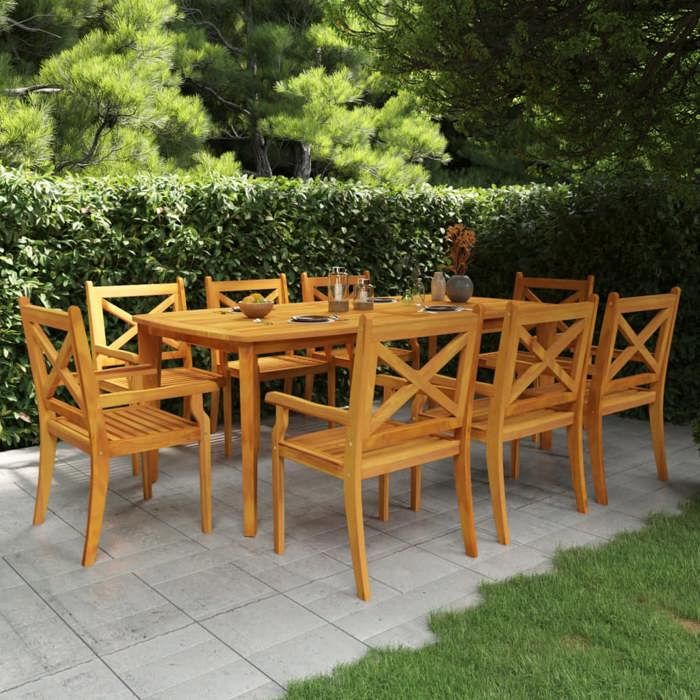 Ensemble table et chaises - Design à lattes - Bois dacacia massif - Rectangulaire 8 places - Finition à lhuile