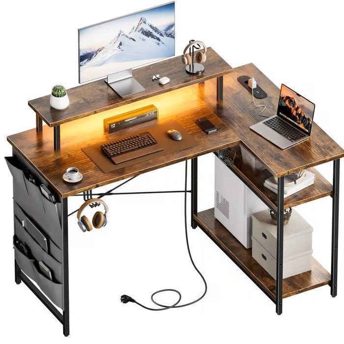Bureau dangle avec Rangement 110 x 80 cm Bureau Gaming LED avec Support de Moniteur Étagères Travail Marron Vintage