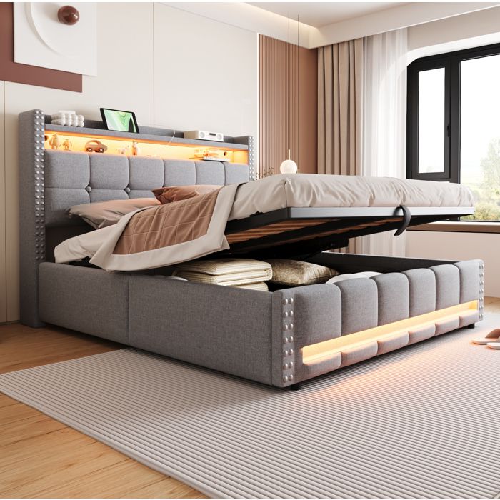 Lit coffre double 160×200 cm avec LED USB étagères et rangement sans matelas tissu gris clair - UVRION