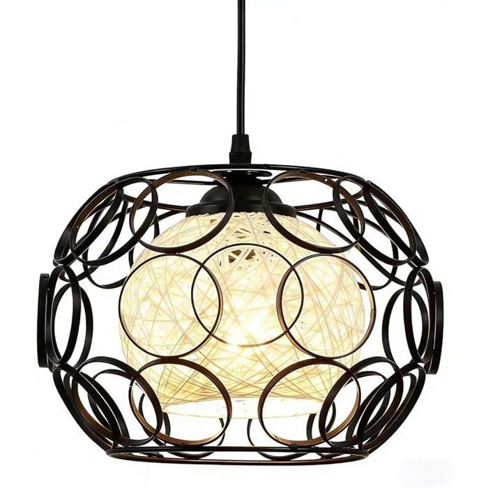 Lustre Suspendu Industriel Noir Lampe Suspendue Vintage avec cage métallique et abat-jour en fibre naturelle Style A 24cm BAUME