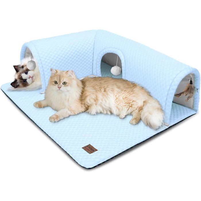 Tunnel pour Chats avec Tapis rafraîchissant Tunnel Chat 3 Voies Tube de Tunnels Lits pour Chats Interieur 80 * 70cm(Bleu)