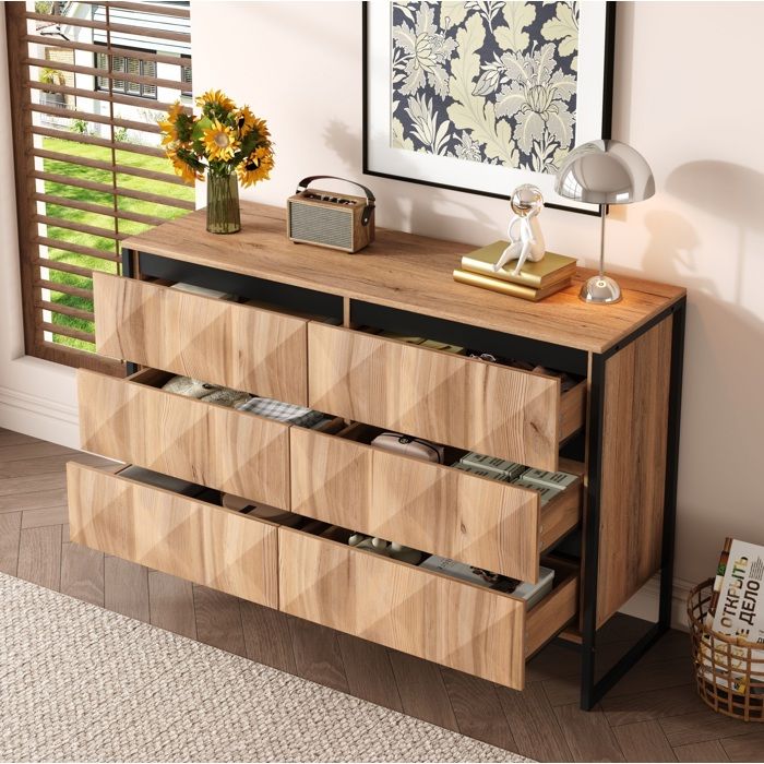 Commode 120x40x80 cm EVRYAE - 6 Tiroirs et poignees integrees cadre metal et pieds reglables - Noir et bois naturel