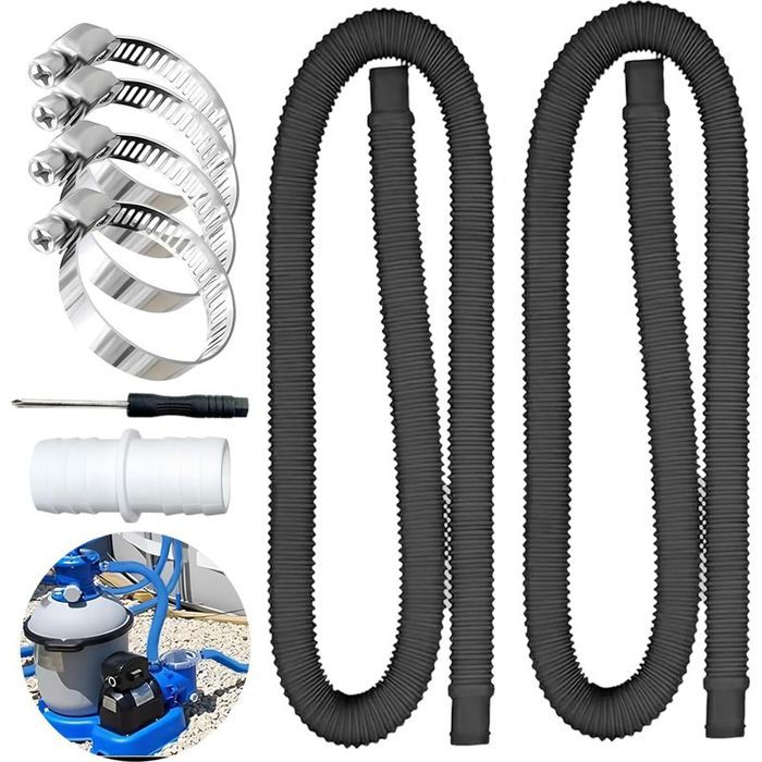 2Pcs Tuyau Piscine 32mm 150cm + 4 Clips Métal – Pour Aspiration & Pompe