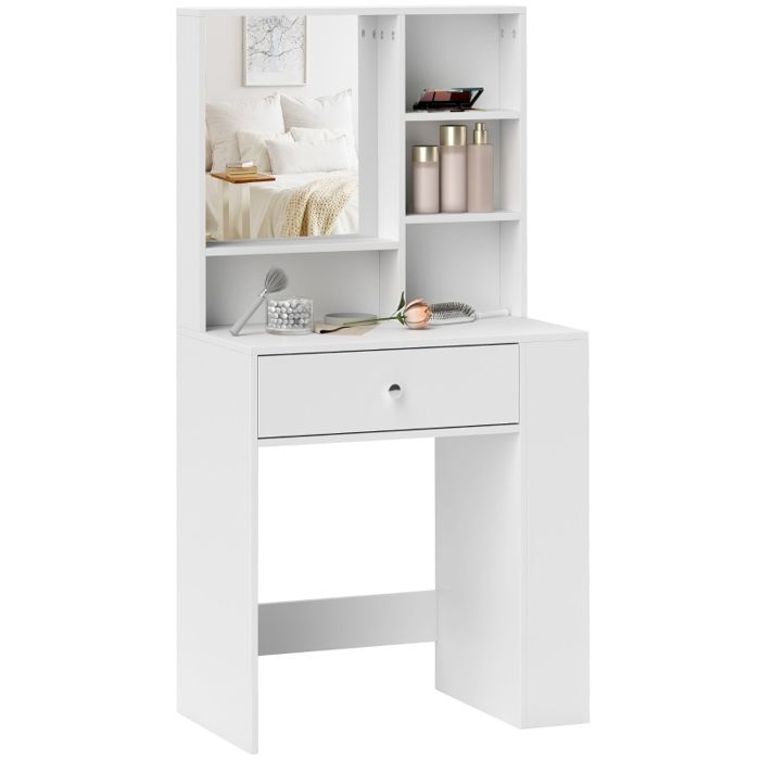 Coiffeuse avec miroir - Blanc - 70x40x137 cm - Tiroir spacieux - Étagère latérale à 3 niveaux - Panneau de particules