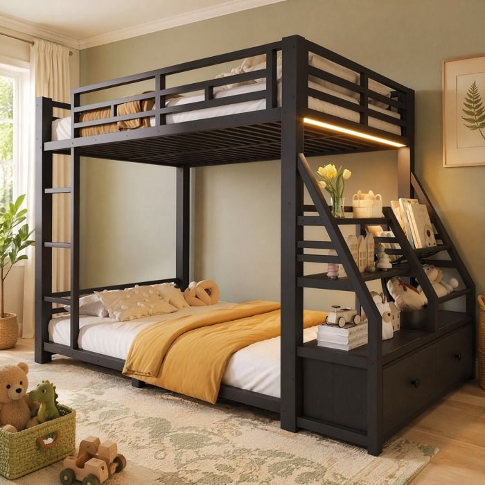 Lit superposé métal 90 x 200 cm – LED intégrée – 2 tiroirs en tissu – noir