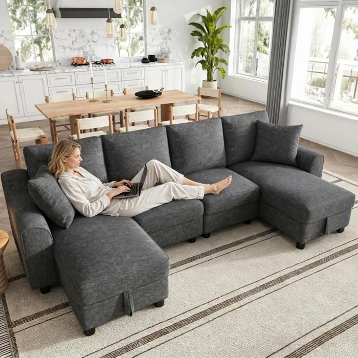 Canapé modulable en chenille gris forme U 2 chaises longues 2 coussins coffre de rangement