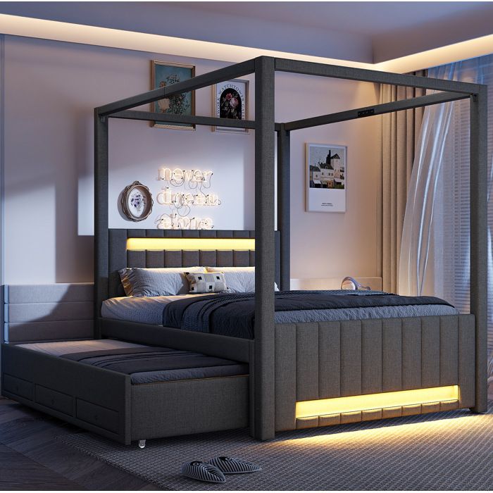 Lit à baldaquin 140 x 200 cm gris avec lit gigogne 3 tiroirs LED structure en MDF et lin