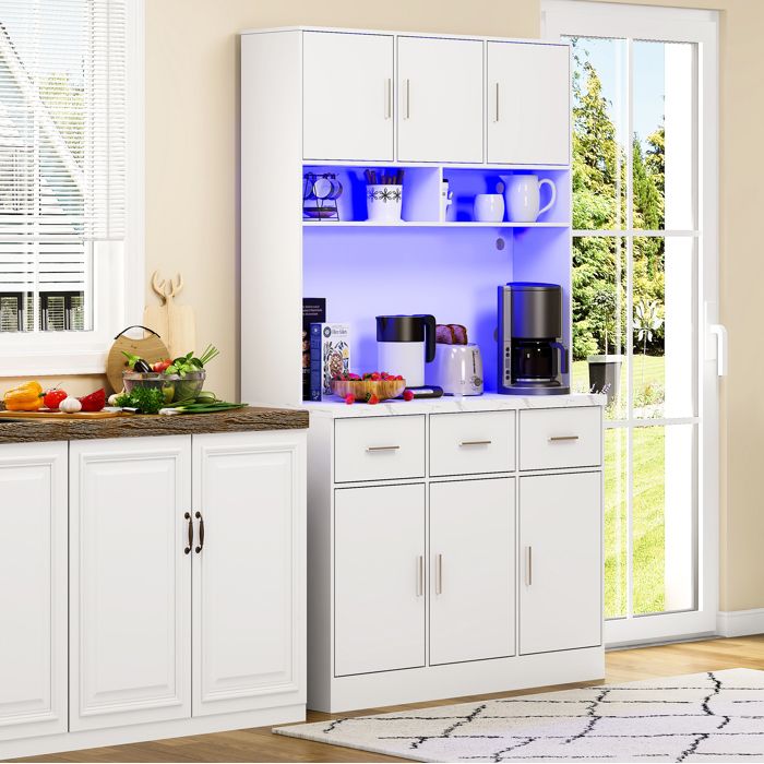 COVREO Buffet de cuisine 100 x 40 x 180 cm avec LED 6 portes 3 tiroirs prises USB blanc