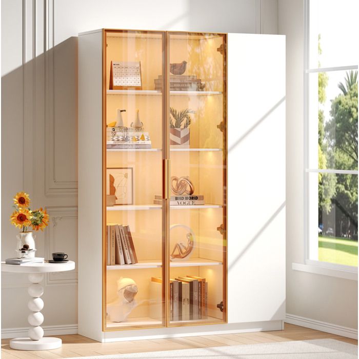 Vitrine 3 Portes avec 2 Portes Vitrées LED et Rangement Fermé - TCQPZ - MDF 110×35×165 cm Blanc