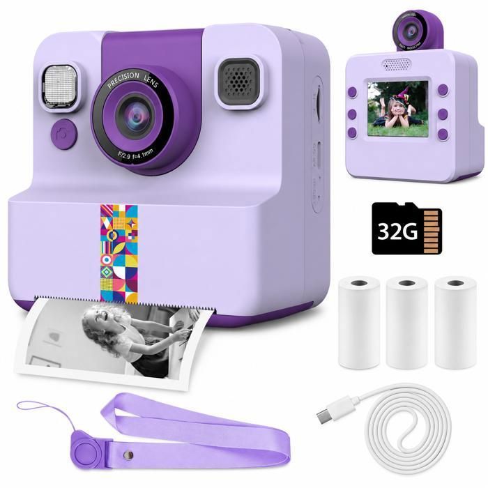 Appareil photo pour enfants 2400 W – Impression couleur instantanée – Jouet pour filles de 3 à 6 ans – Violet