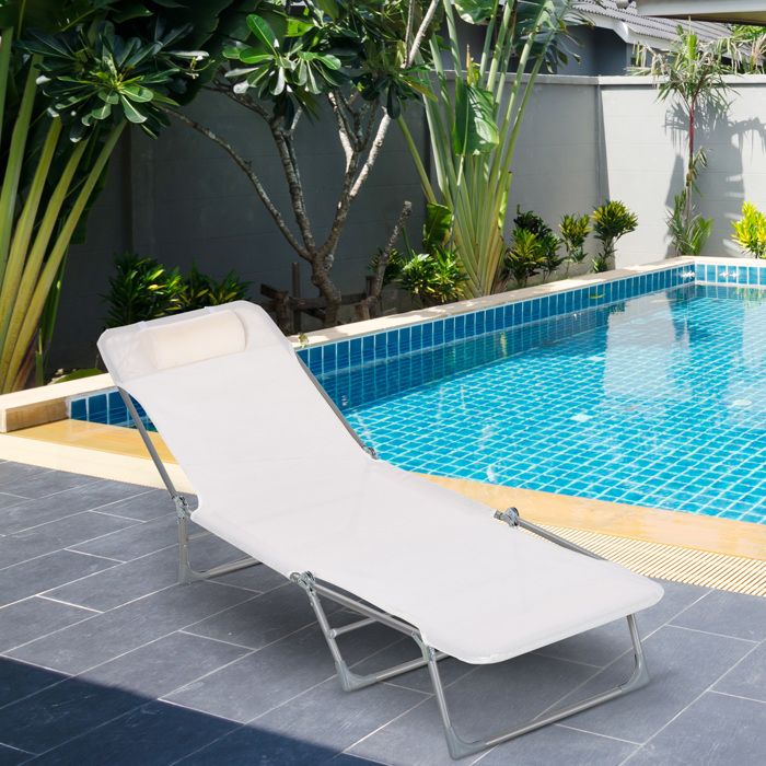 Transat de jardin pliant 182 x 56 x 28 cm blanc crème dossier inclinable coussin métal et textilène