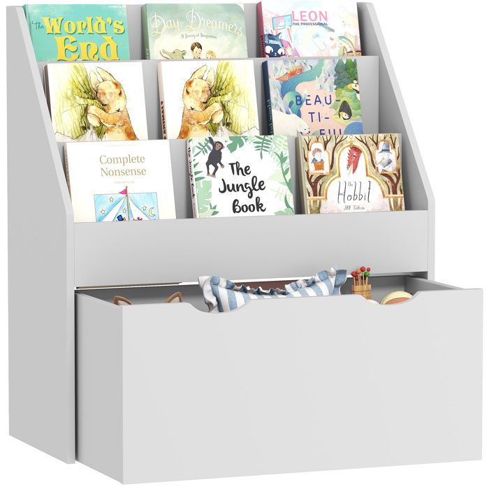 Bibliothèque pour enfants - AIYAPLAY - Multi-Rangement avec 3 niveaux détagères et un tiroir - 625L x 30l x 70H cm - gris