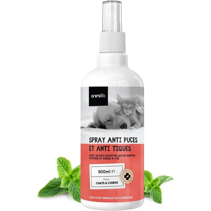 Spray Anti Puce Anti Tique Chien et Chat 500ml-Spray Non Tachant avec larbre à Thé Clou De Girofle Menthe Poivrée Chatons