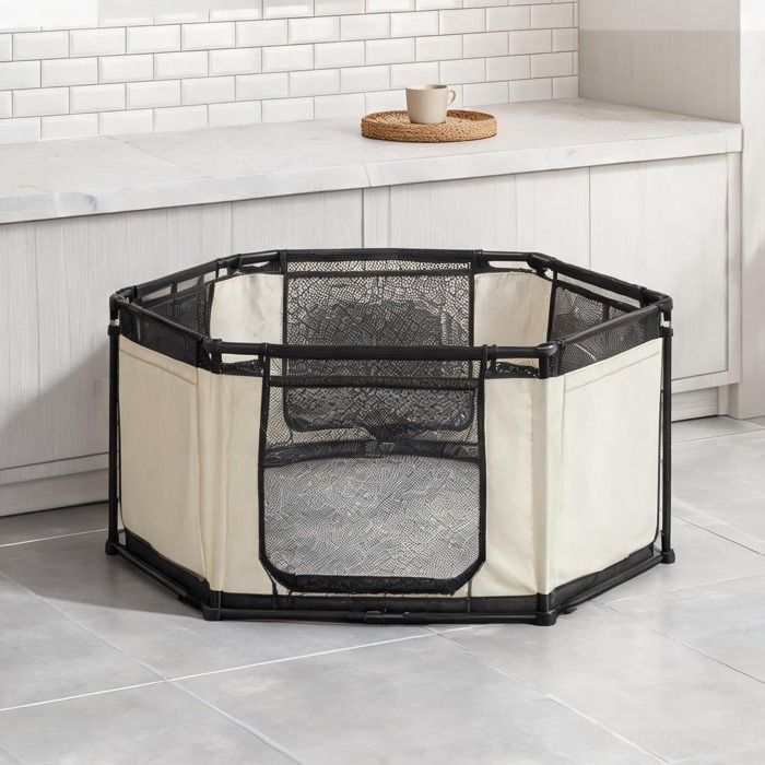 Parc enclos octogonal pliable pour animaux en tissu Oxford et PVC Ø 120 cm crème