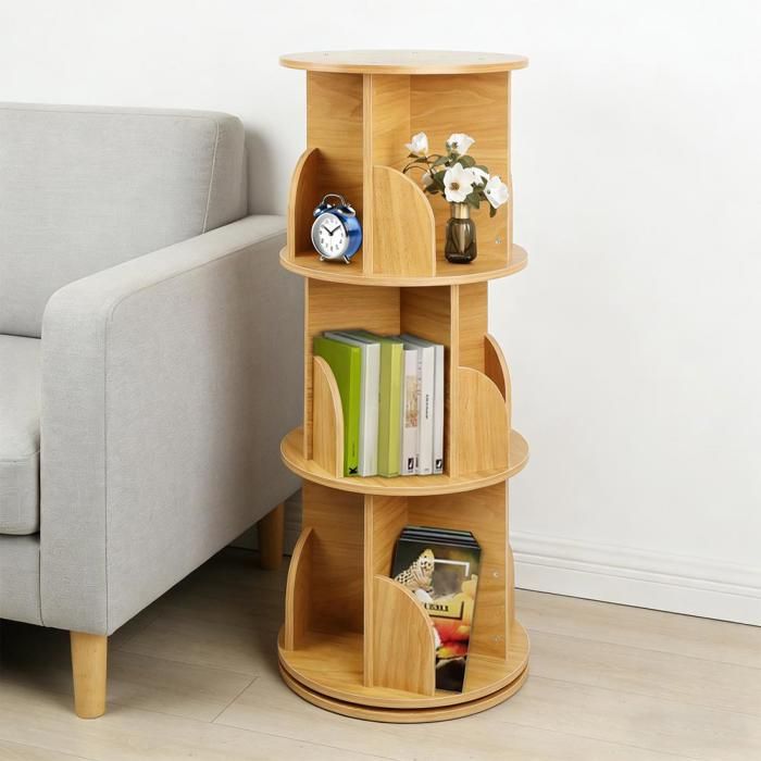 OHMG-Bibliothèque Pivotante (3 Étagères)-Armoire Tournante En Bois-Charge Lourde-Partitionnement Raisonnable-Couleur Bois Naturel