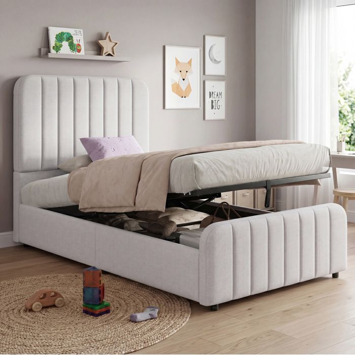 Lit enfant 90 x 200 cm AESVAR avec coffre hydraulique sommier à lattes inclus tissu aspect lin gris