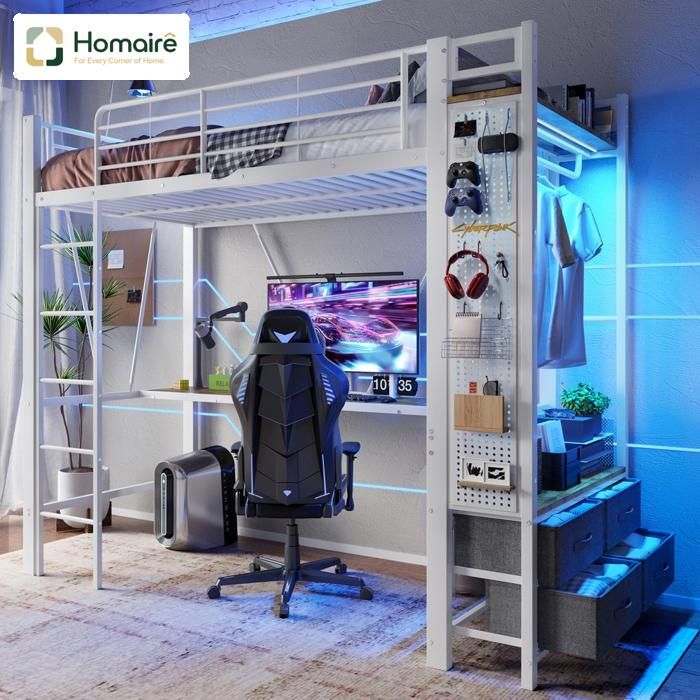 Lit superposé avec bureau et rangement Cadre en fer Lumière LED Port USB C Économiseur despace HOMAIRE