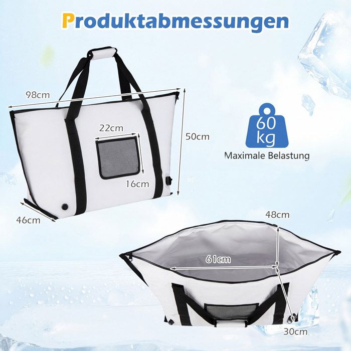 Sac isotherme de pêche 98 cm fraîcheur 24 h PVC résistant à l’eau valve de vidange pour poissons