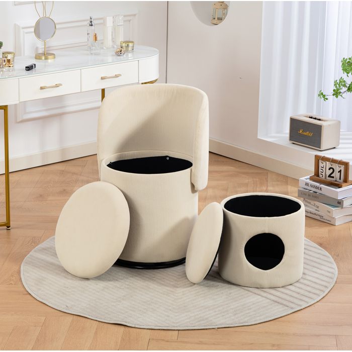 Fauteuil pivotant 360° avec rangement intégré en velours côtelé beige fauteuil tonneau pour chambre et salle à manger TYNQER
