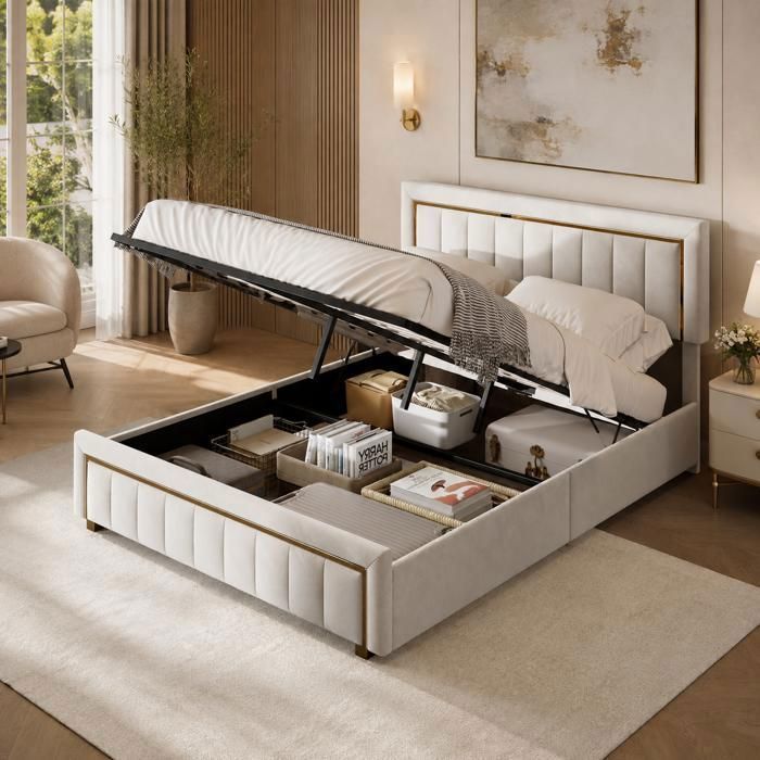 Lit double capitonné 140×190 rangement hydraulique lit coffre tête de lit capitonnée à bordure dorée Sommier à lattes Velours Beige