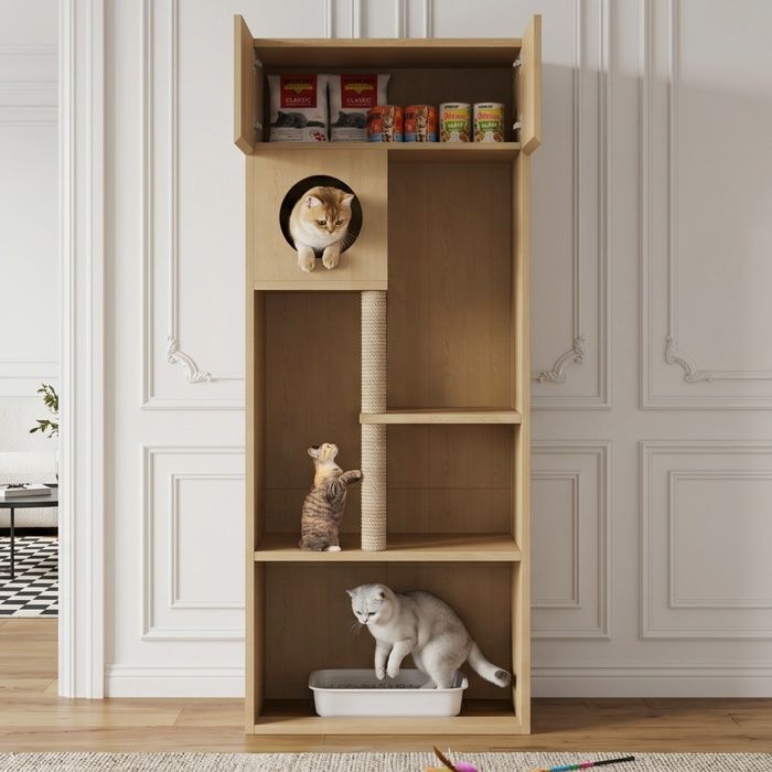 Arbre à Chat Meuble - 80x45x193cm - Armoire avec Griffoir Sisal Niche Perchée Espace Litière et Placard - Bois Naturel