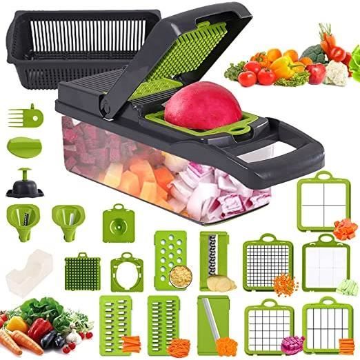 Coupe Legumes Multifonctions Trancheur pour Hachoir, 22 en 1 avec Récipient de Cuisine 12 Lames en Acier Inoxydable Mandoline