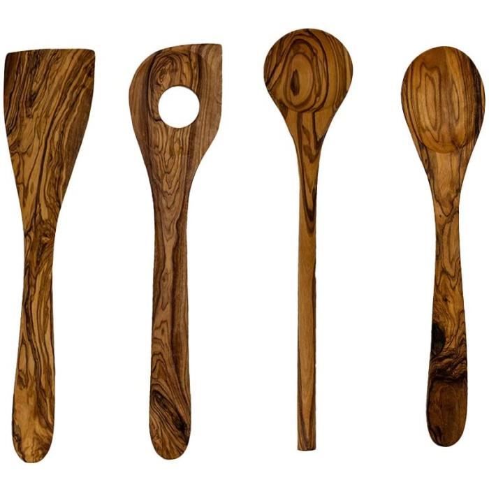 Set De 2 Ustensiles De Cuisine En Bois D'Olivier - Cuillère Et Spatule, 30 Cm, Design Naturel Unique